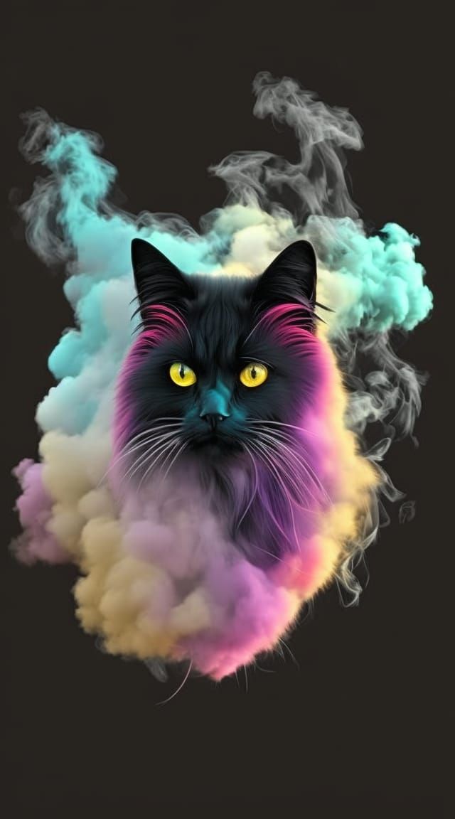 Hyperdetailed Black Cat in Colorful Smoke, Digital Art