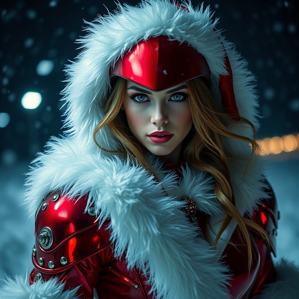 Hyperrealistic Portrait of a Fierce Mrs. Claus in Red Armor