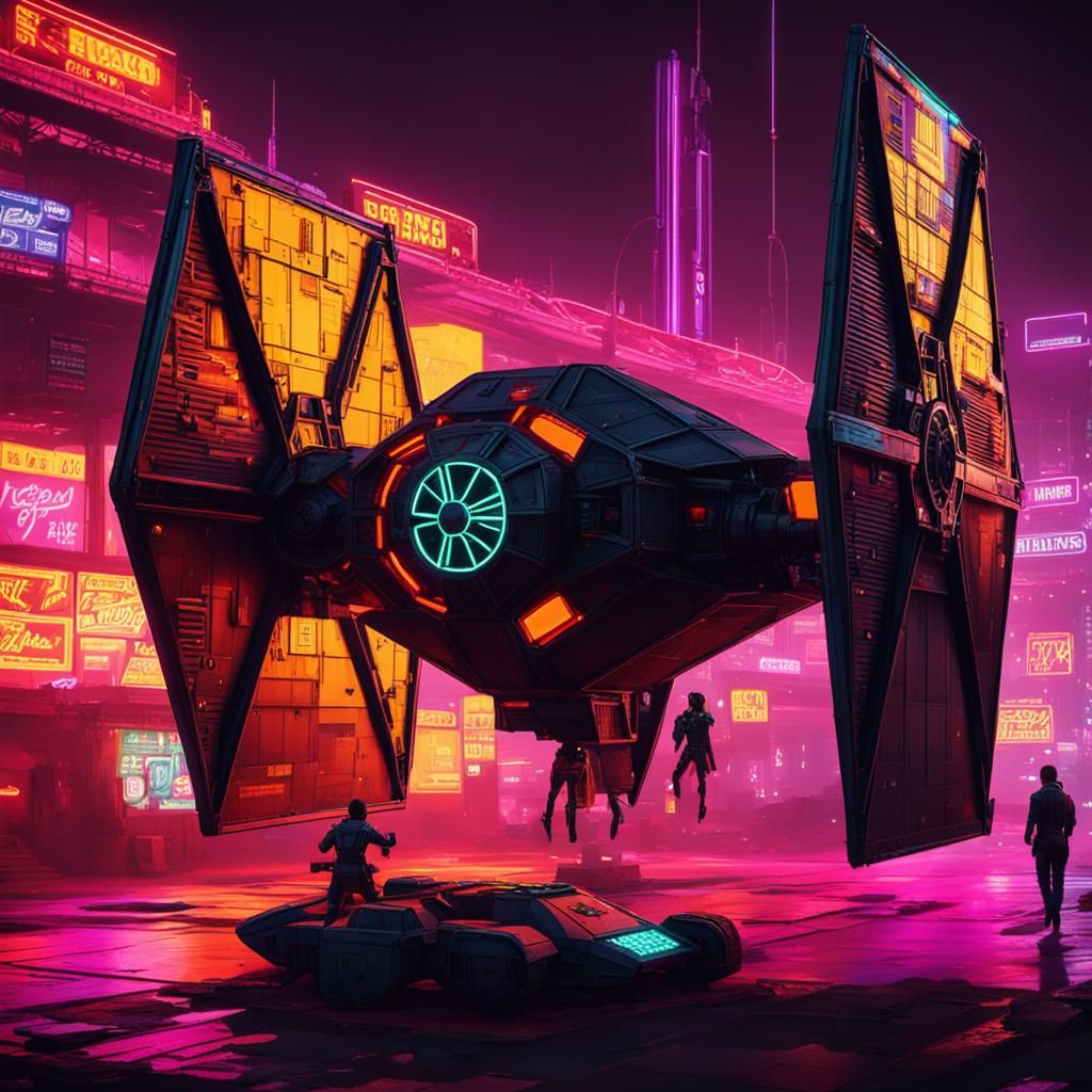 Cyberpunk Tie Fighter in Neon Cityscape