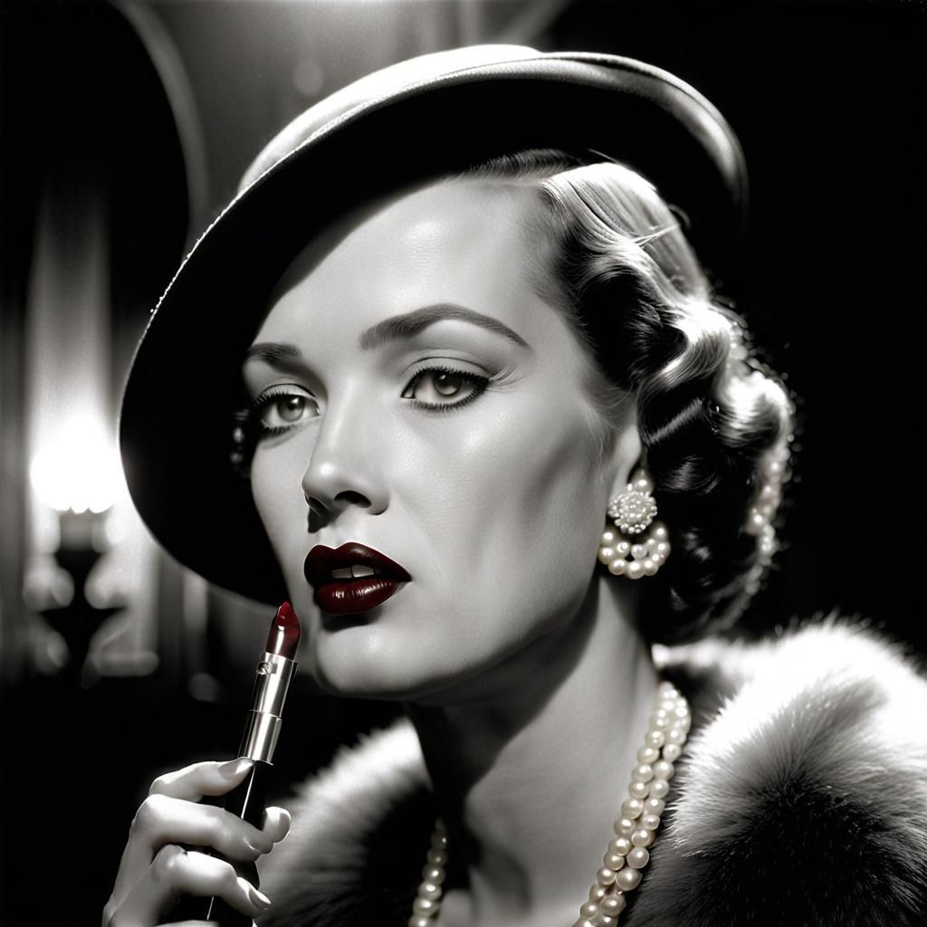 1930s woman putting on lipstick