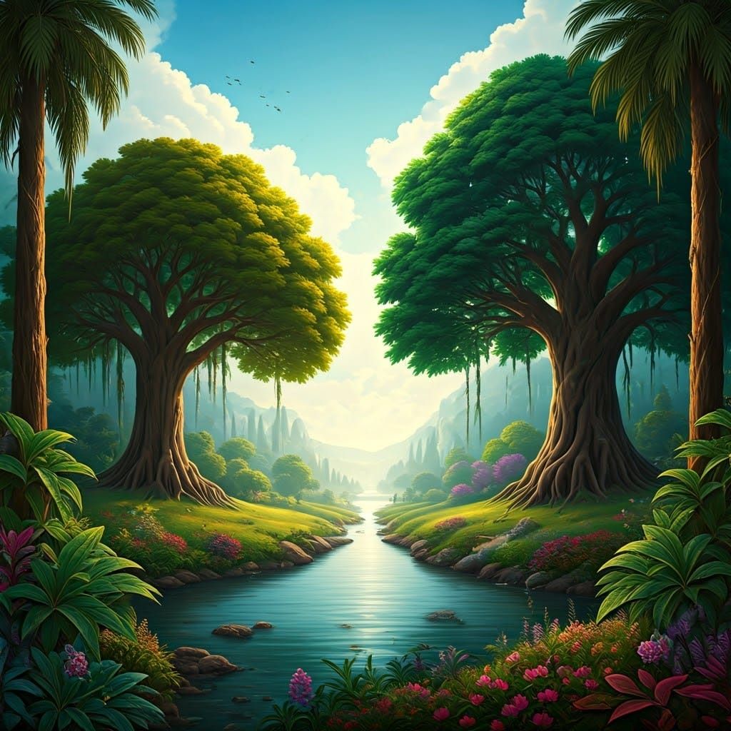 Lush Garden of Eden Landscape in Pre-Raphaelite Style