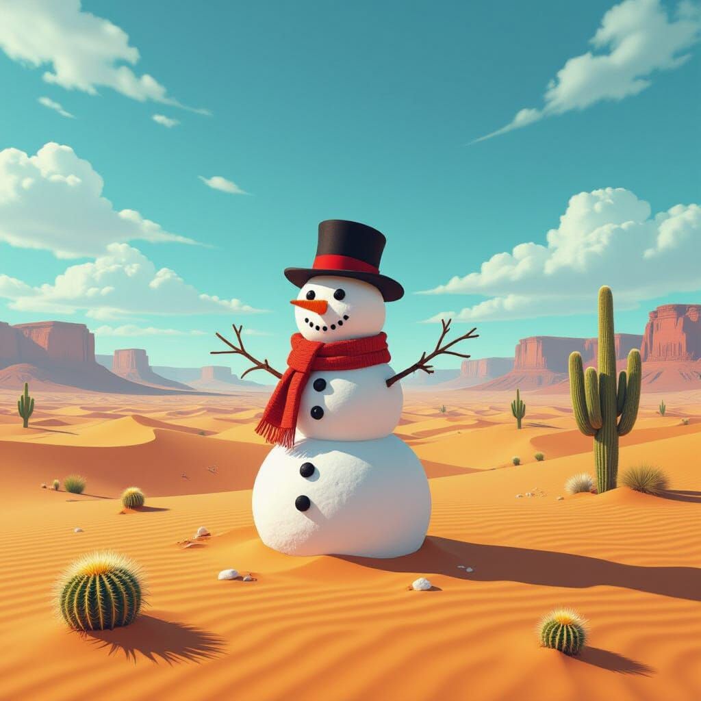 Snowman in Desert Landscape: Surreal Digital Art