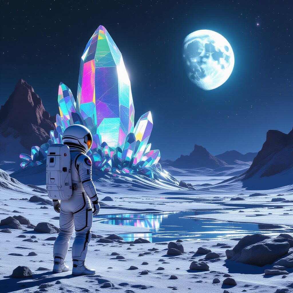 Astronaut Gazes at Crystalline Structure on Alien Planet
