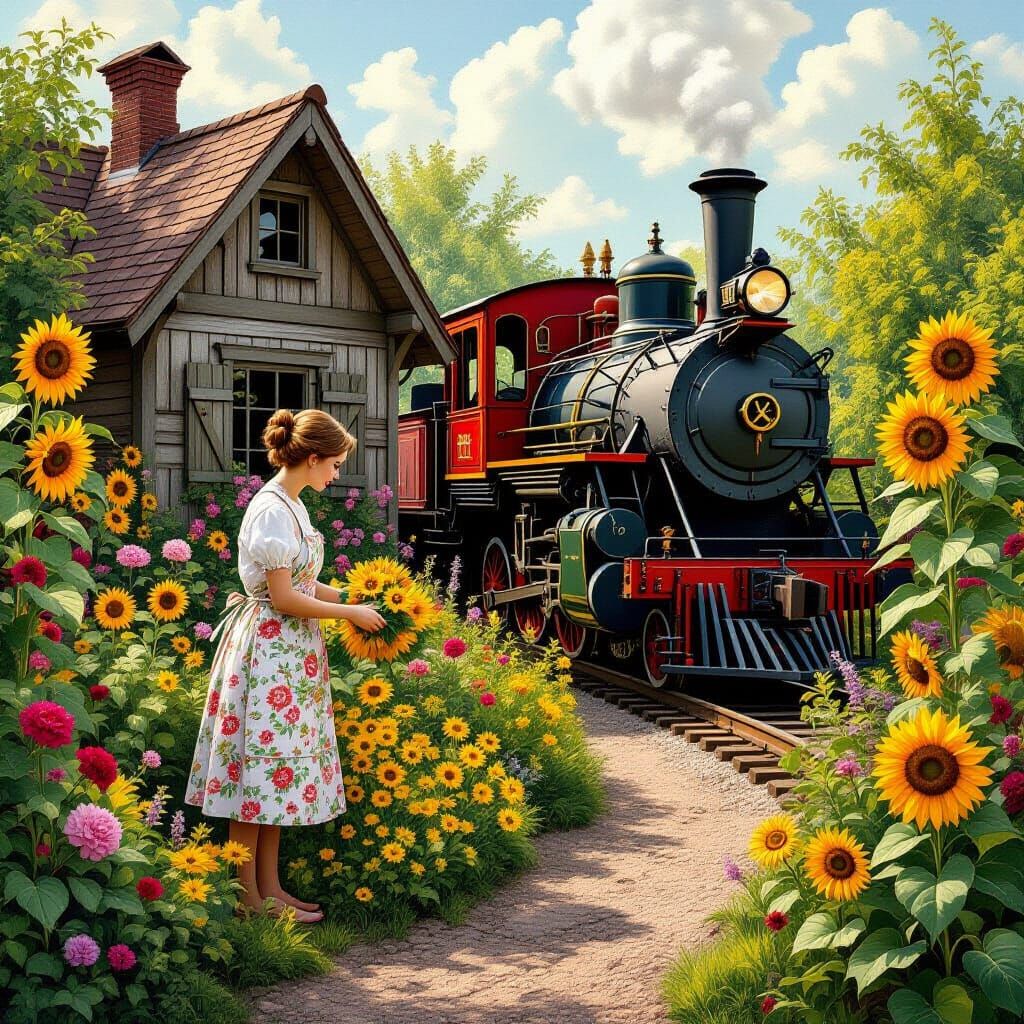 Fantasy Garden with Caboose Shed in Whimsical Style