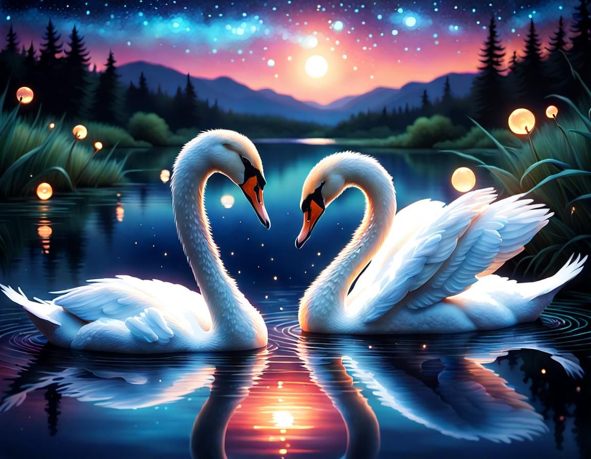 Romantic Swans at Sunset in Gouache Style