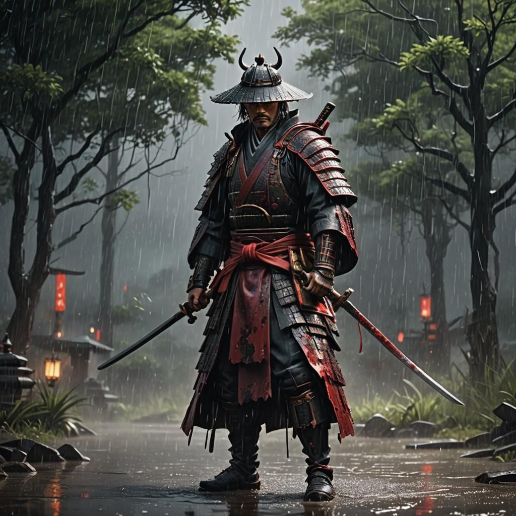 Samurai in Rain: Detailed Matte Painting