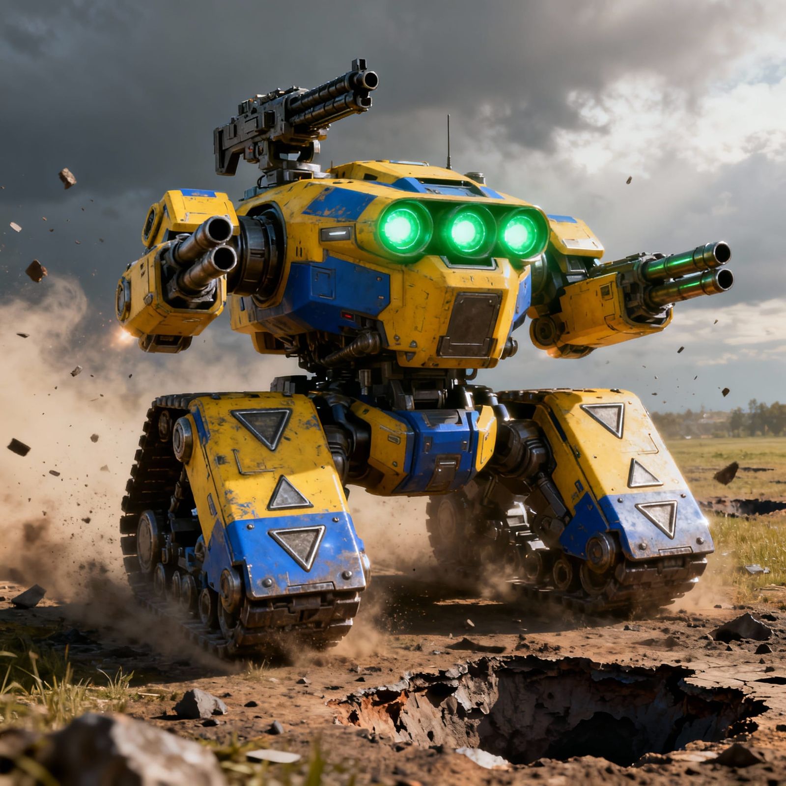 Yellow and Blue Mech with Machine Gun in Crater Field