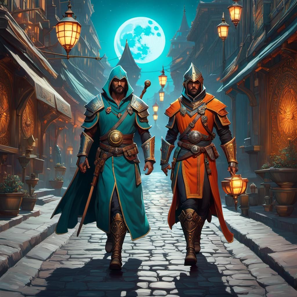 Moonlit Street Scene with Warrior and Magician