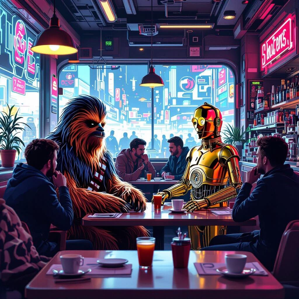 Star Wars Cafe Scene in Retro-Futuristic Style