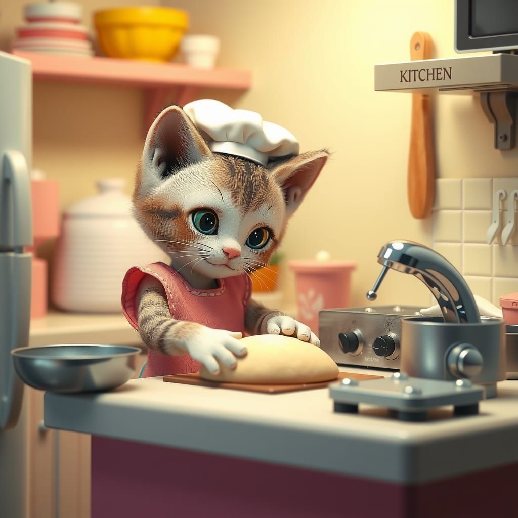 Baker Kitten Kneading Dough in Tiny Kitchen