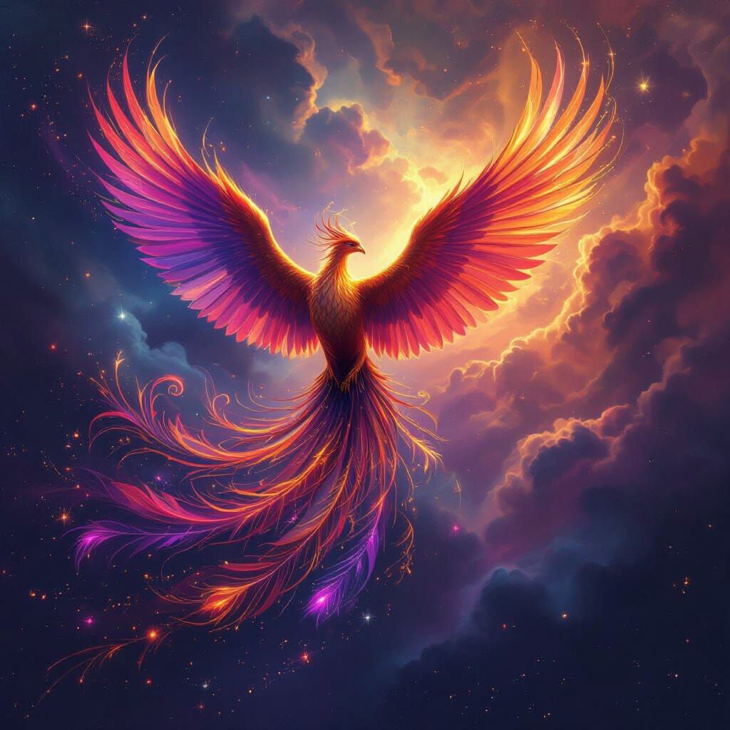 Cosmic Phoenix Soaring Through Nebula in Psychedelic Style