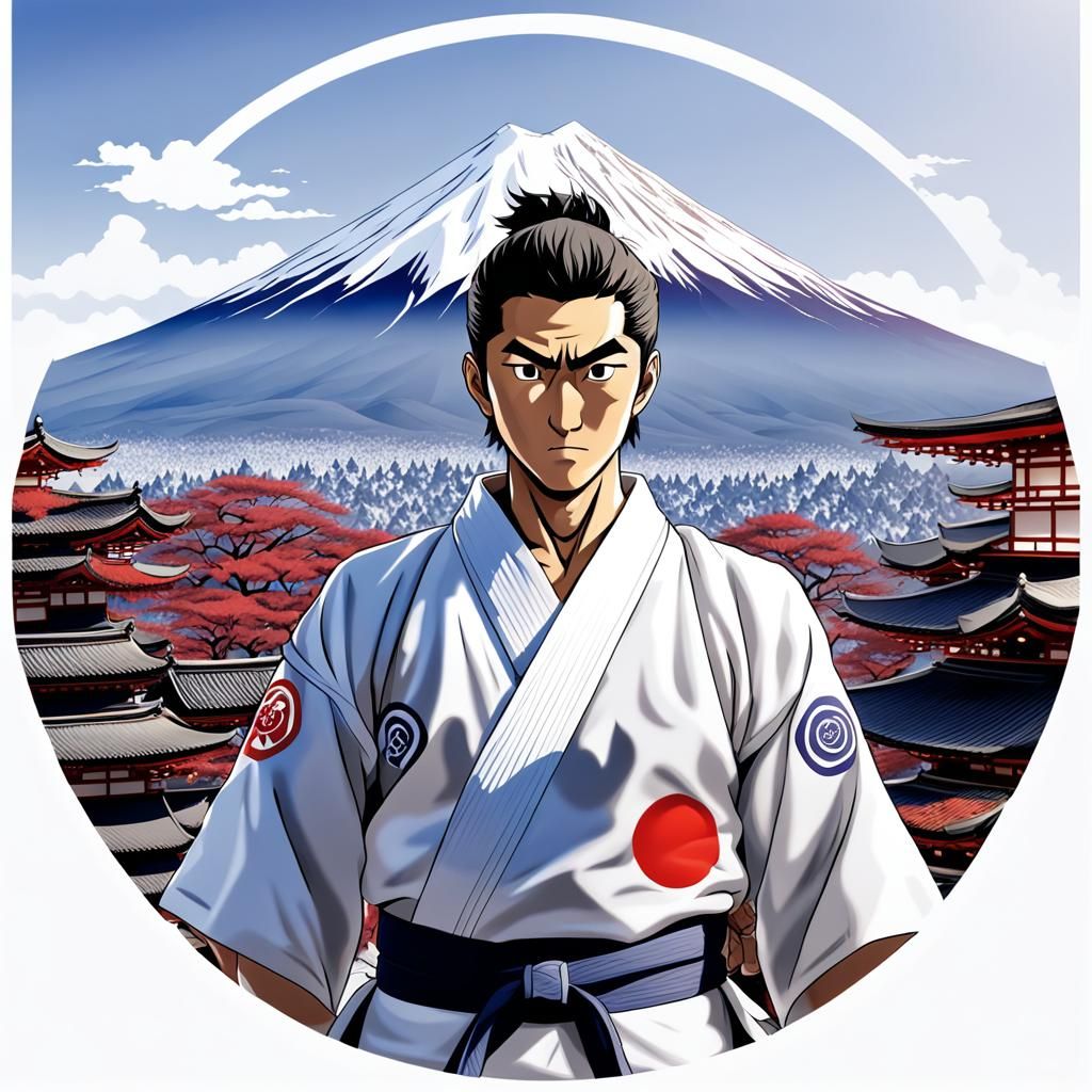 Judo Boy Logo with Mount Fuji in Anime Style