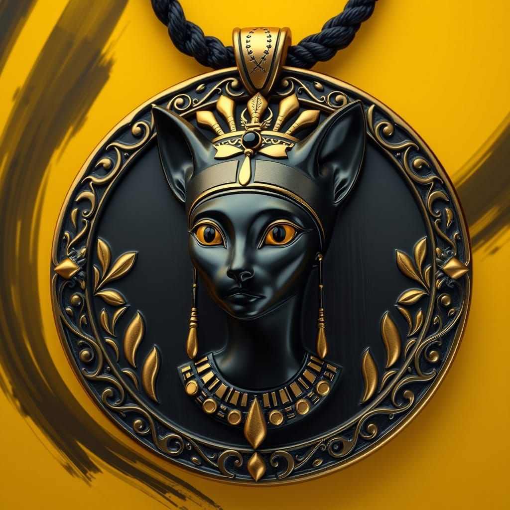 Ancient Feline Goddess Pendant in Shiny Black Gold with Kint...