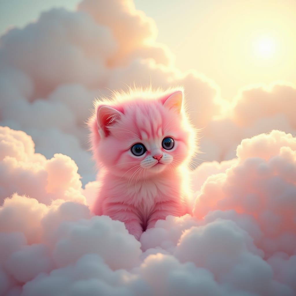 Pink Kitten in Clouds, Dreamy Pastel Art