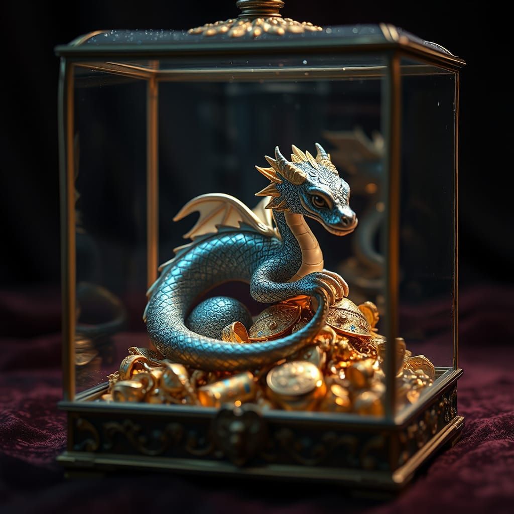 Dragon in Glass Box with Treasure: Fairytale Art