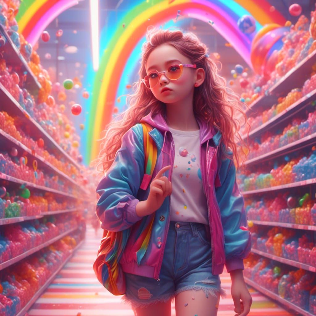 Girl with Rainbow Headphones in Candy Art Style