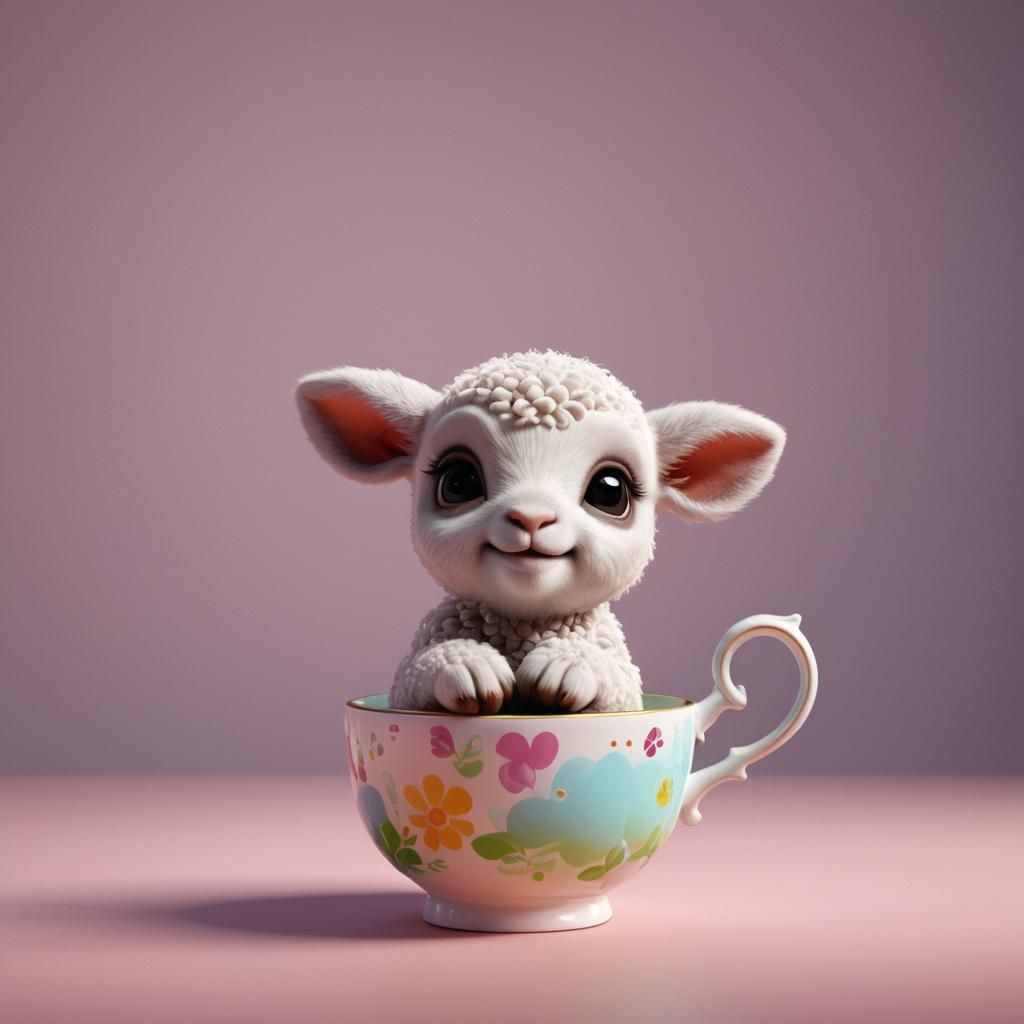Baby Lamb Tea Party: Pixar-Style 3D Digital Art