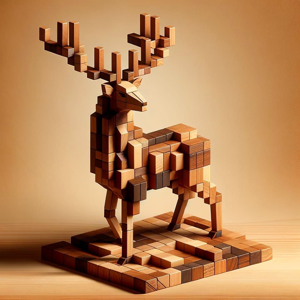 Elegant Wooden Stag Sculpture in 3D Diorama Style