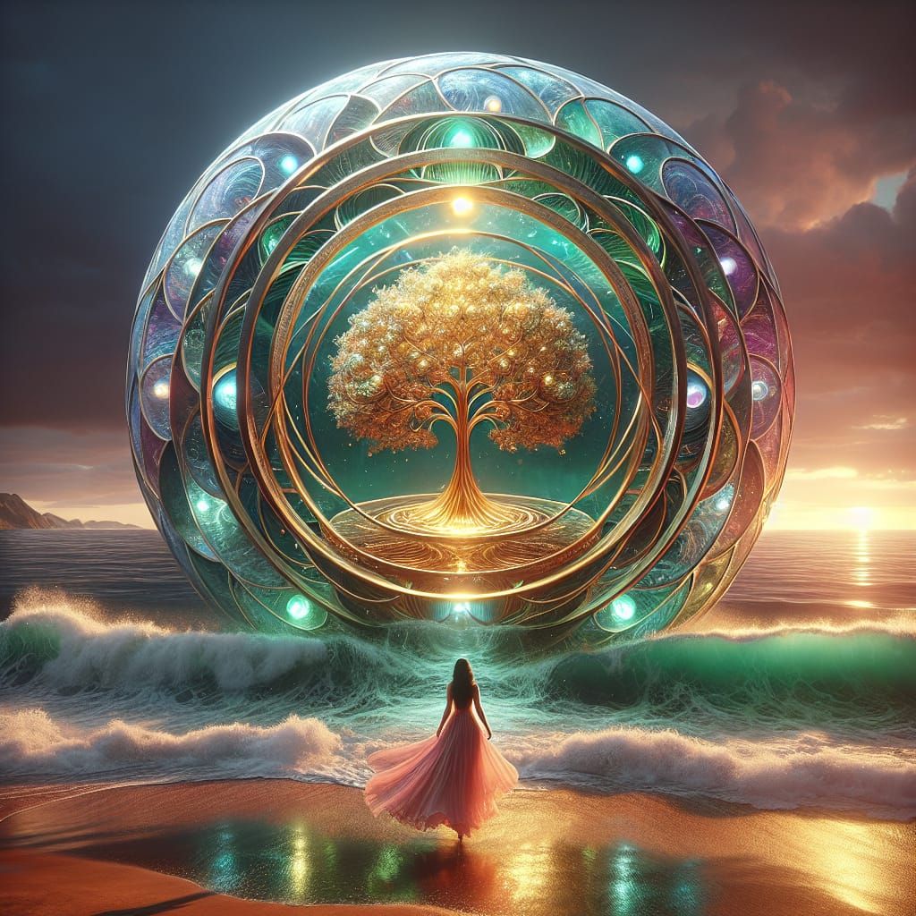 Woman on Beach with Tree of Life in Iridescent Globe