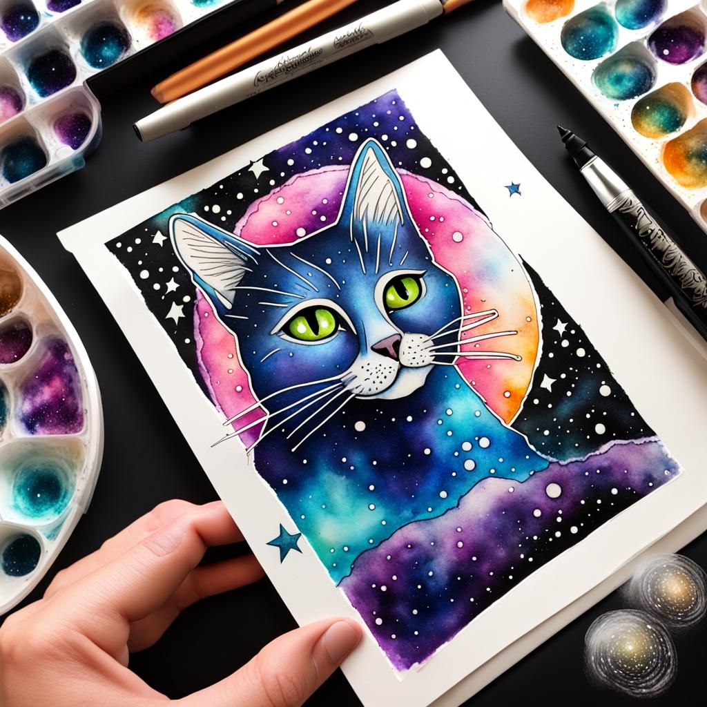 Cosmic Cat in Star-Filled Galaxy with Alcohol Inks