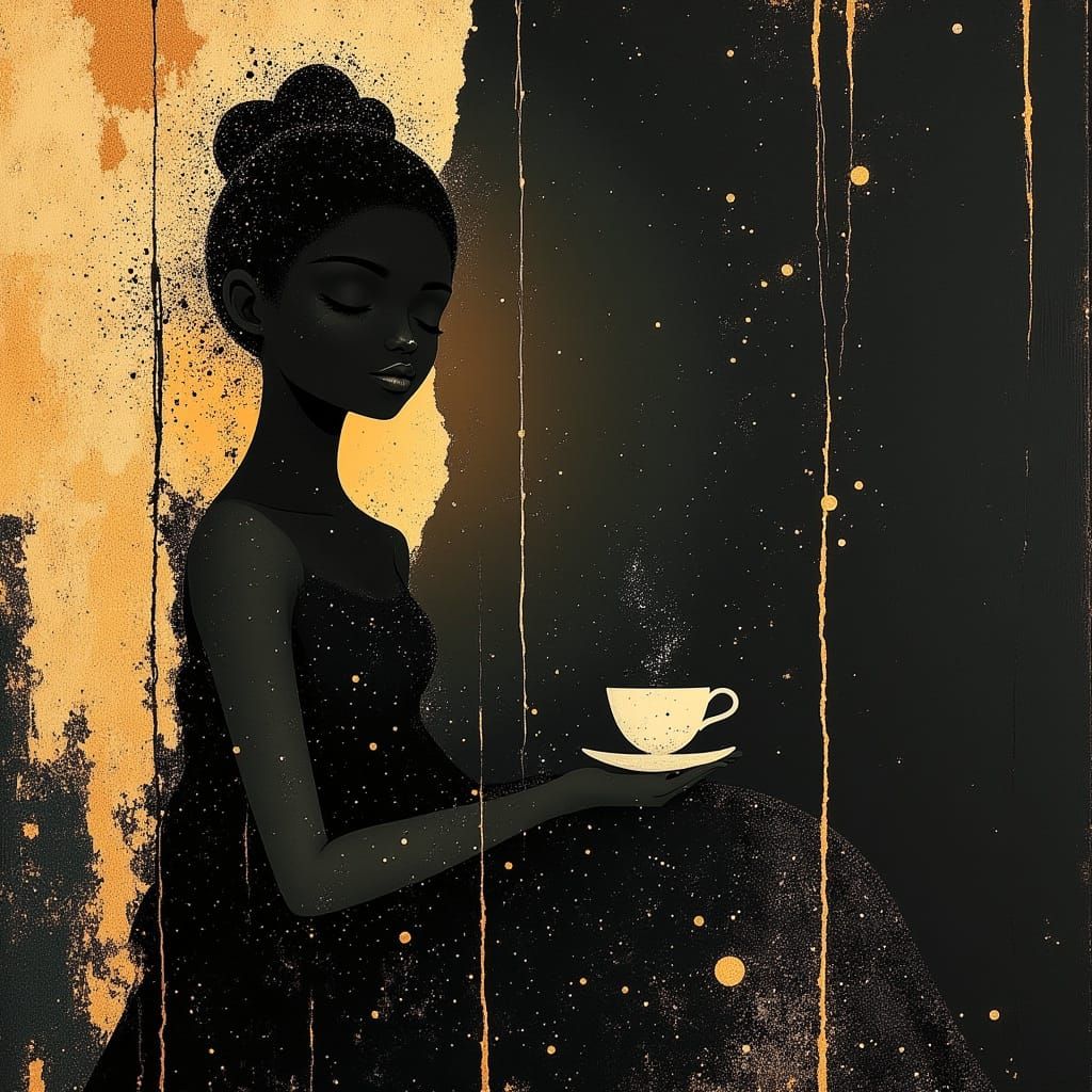 Elegant Black Woman with Tea, Digital Oil Painting