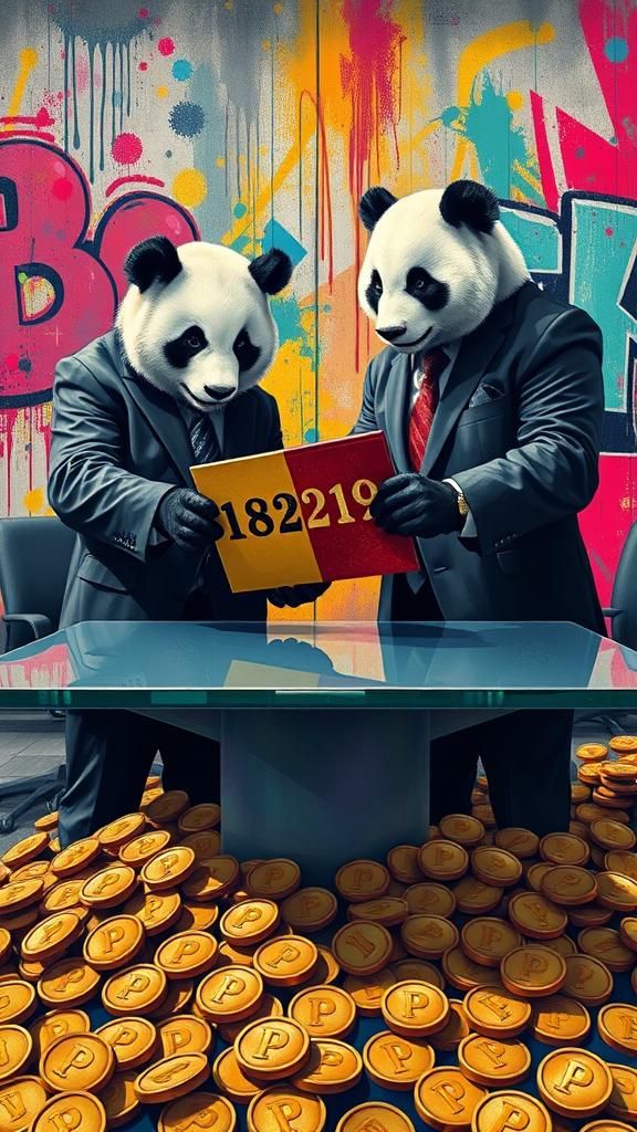 Panda Businessmen Sign Agreement in Urban Setting