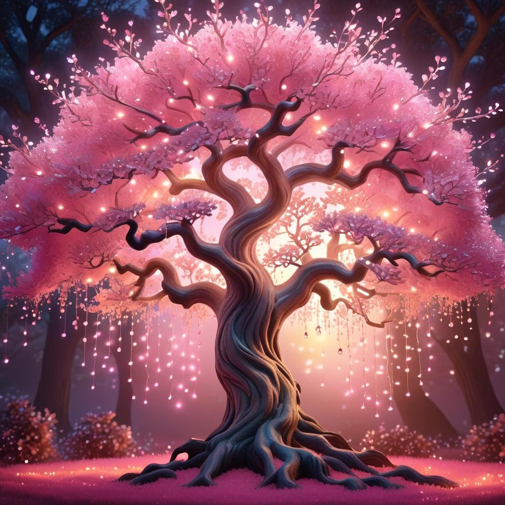 Pink Crystal Oak Tree in Whimsical Fantasy Art