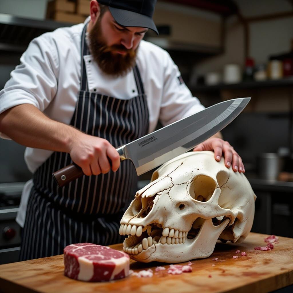 Butcher Slices Horse Skull with Giant Knife