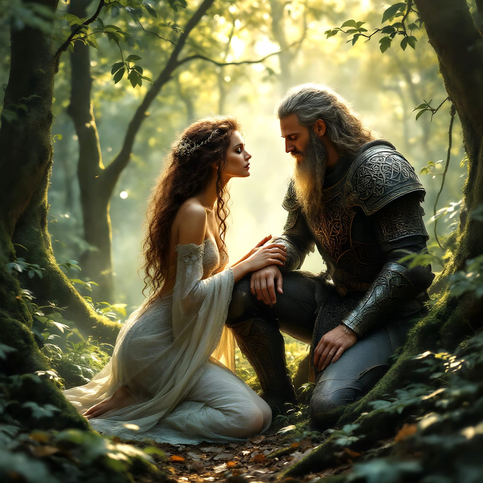 Celtic Goddess Heals Warrior in Mystical Forest
