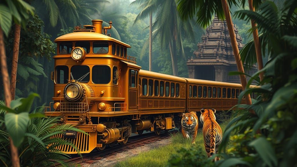 Steampunk Train in Jungle Ruins with Tigers, Oil Painting