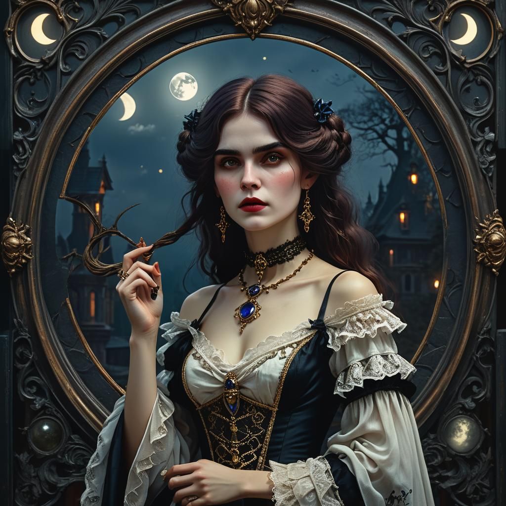 Victorian Witch Portrait with Moon, Waterhouse Style