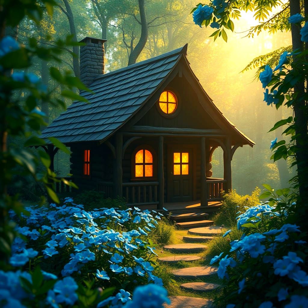 Ethereal Cabin Scene with Vibrant Blue Blooms