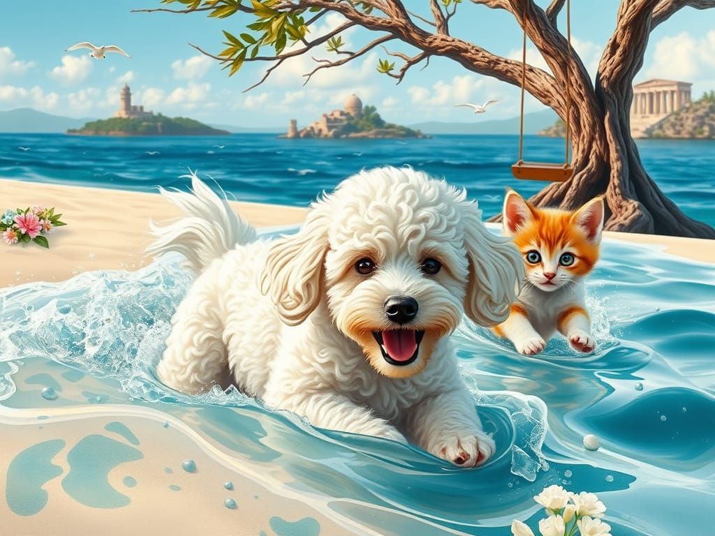 Joyful White Poodle Puppy in Whimsical Beach Scene