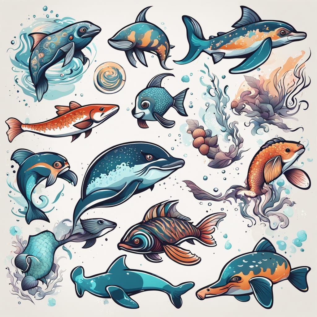 Colorful Water Animal Flash Tattoo Sheet