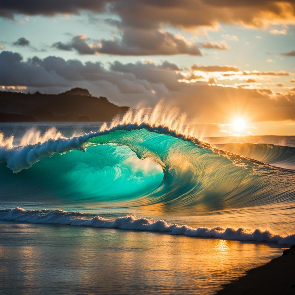 Hawaii Sunset with Rainbow and Surf Waves