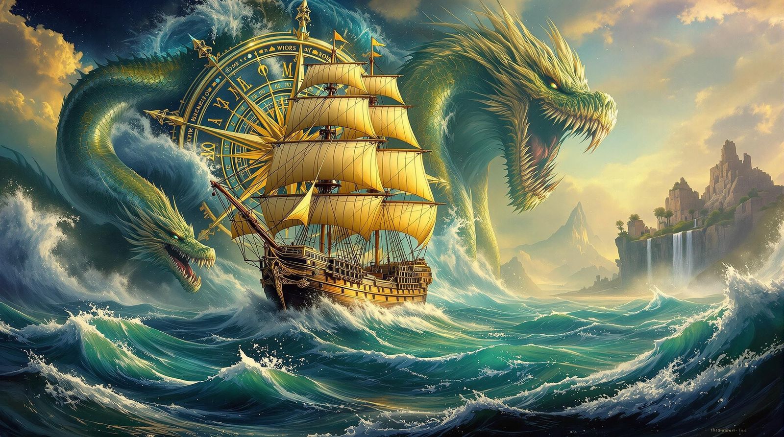 Majestic Sailing Vessel in Turbulent Oceanic Landscape