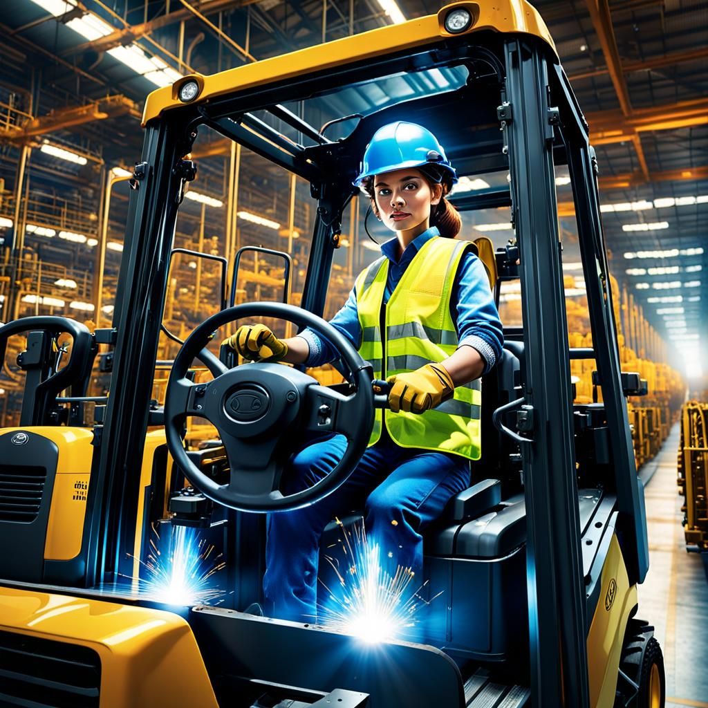 Blue Collar Woman Drives Forklift: 3D Digital Art