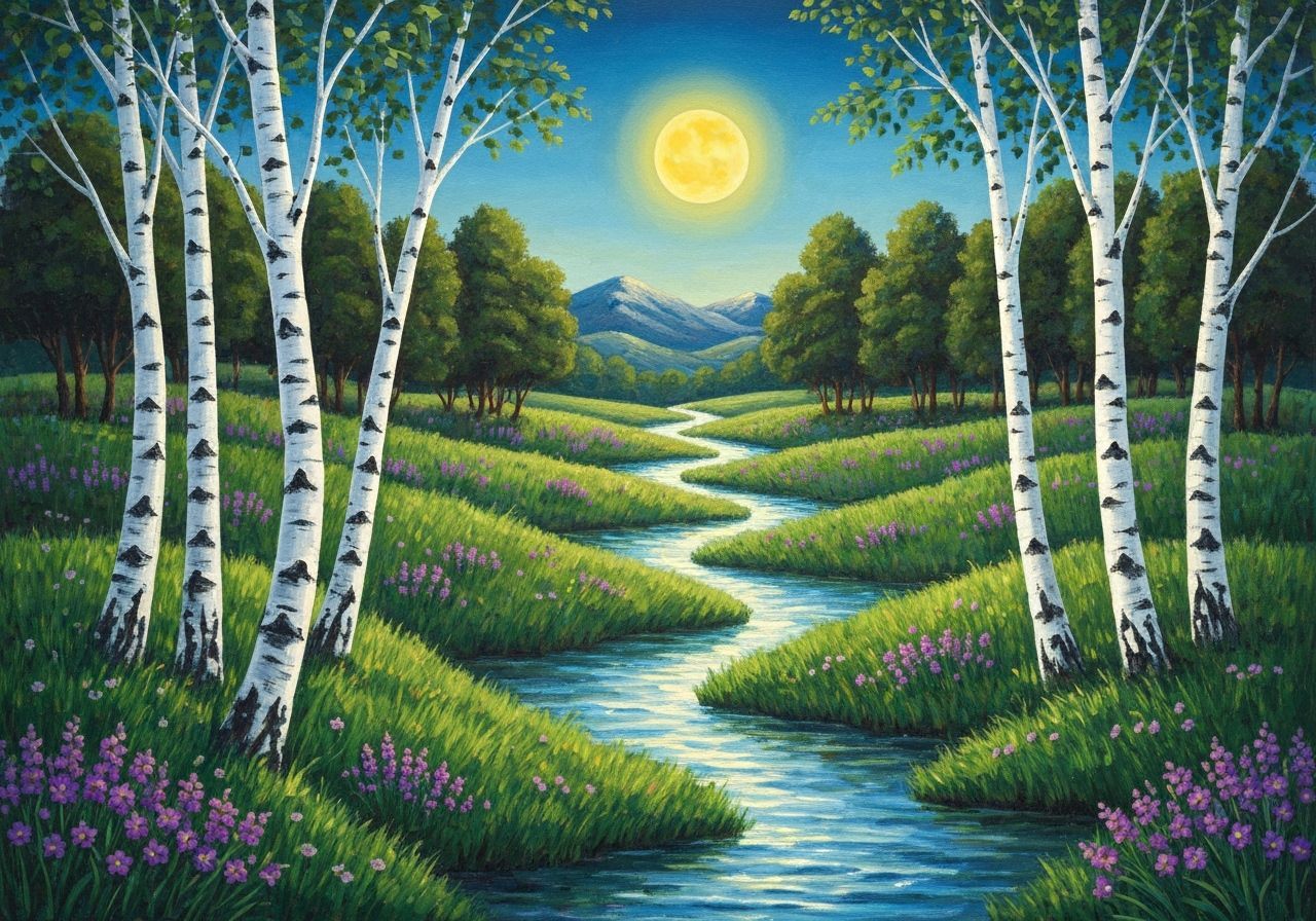 Serene Landscape with Stream and Yellow Moon