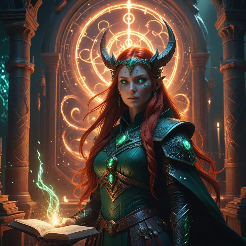 Ethereal Dark Sorceress in Opulent Spellcasting Chamber