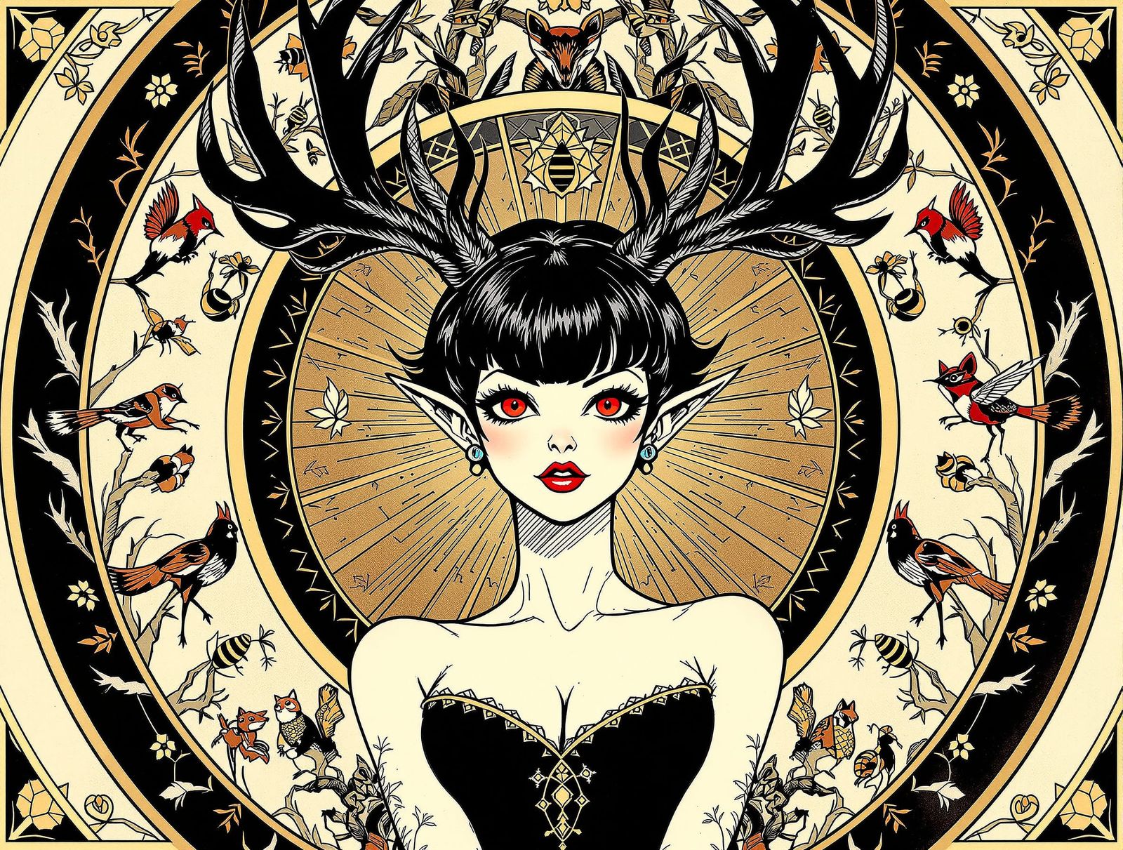 Pin-Up Woman With Antlers and Woodland Creatures