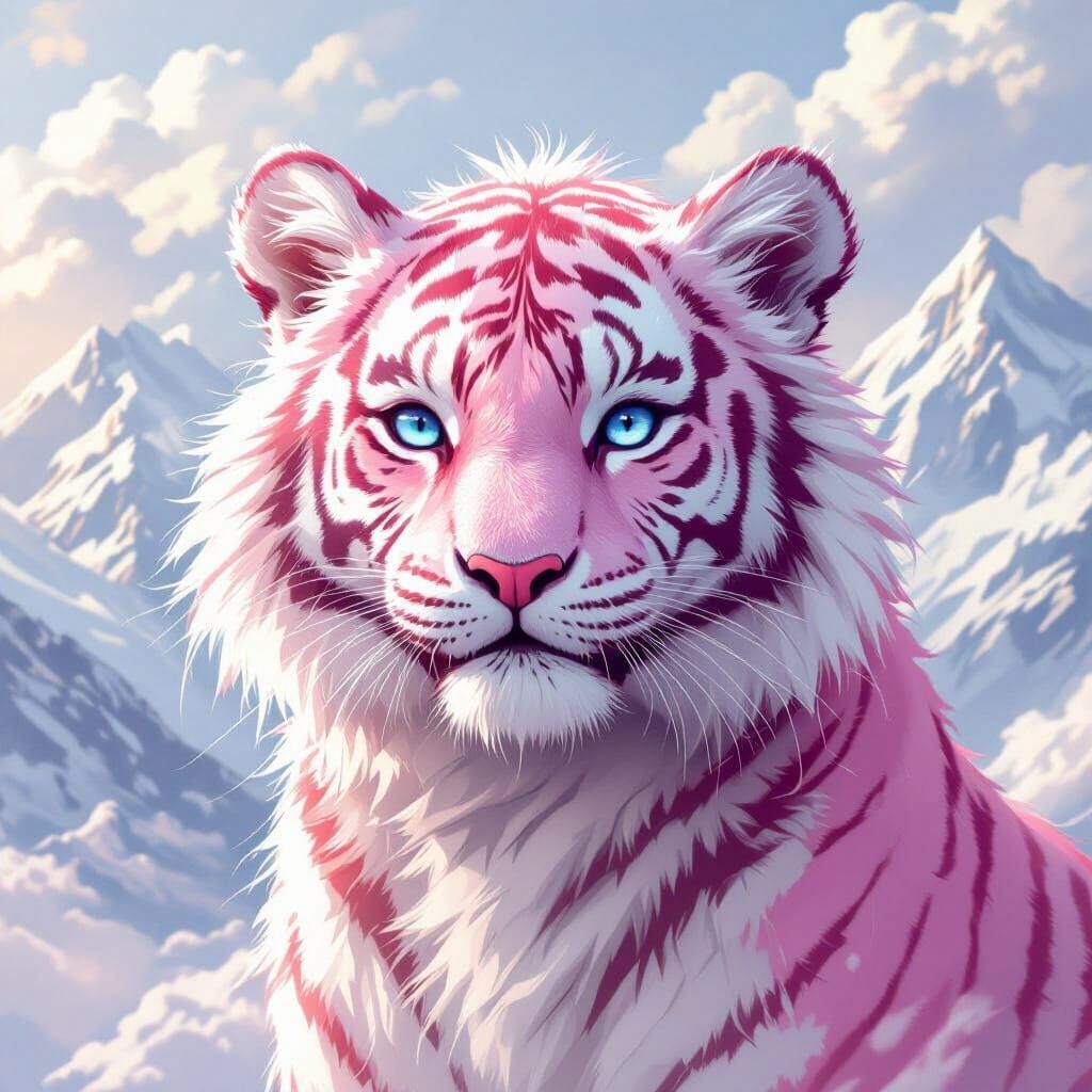 Pink Tiger with Blue Eyes Near Cloudy Mountains