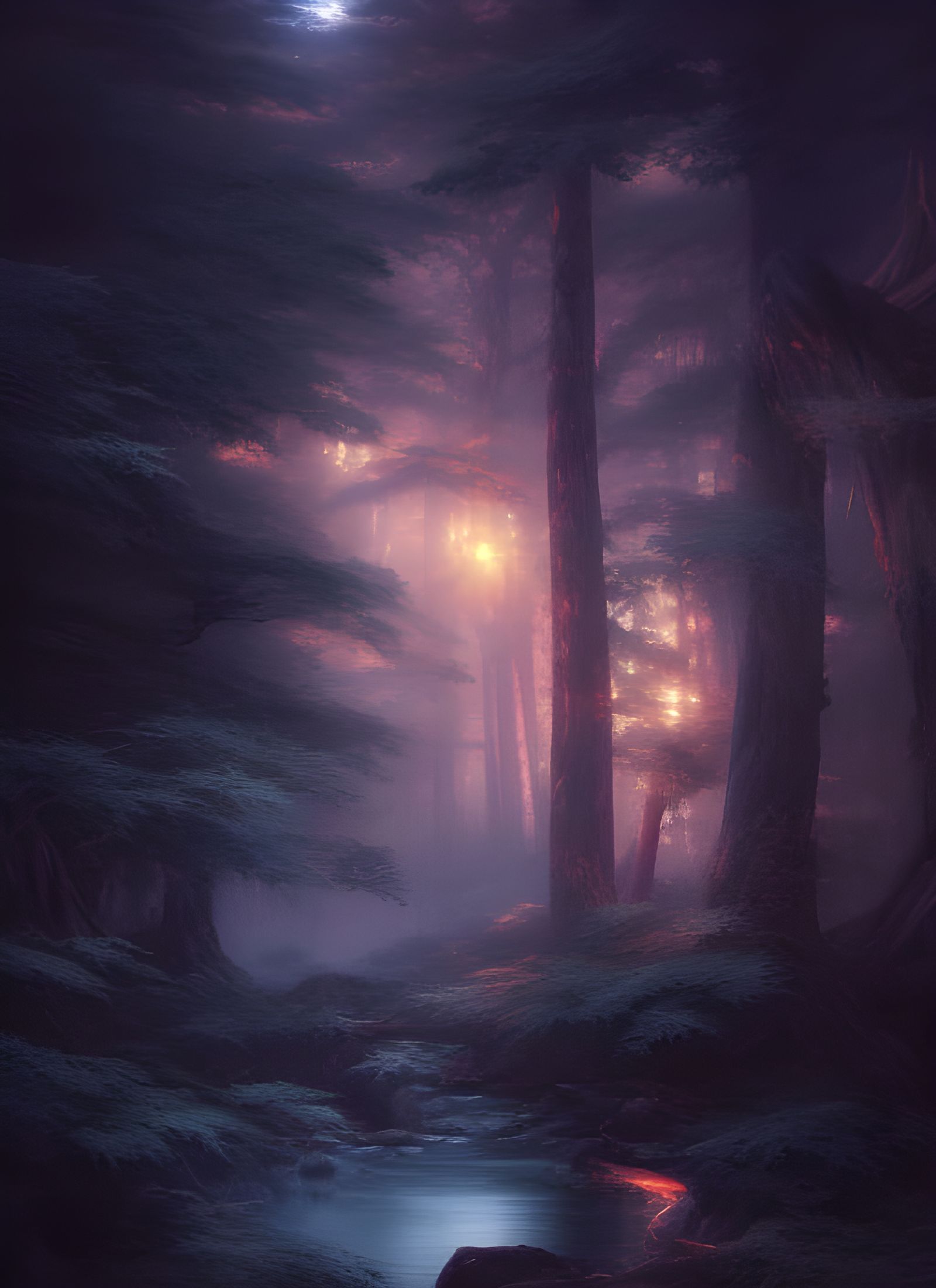 Detailed Japanese Mountain Forest Night Landscape