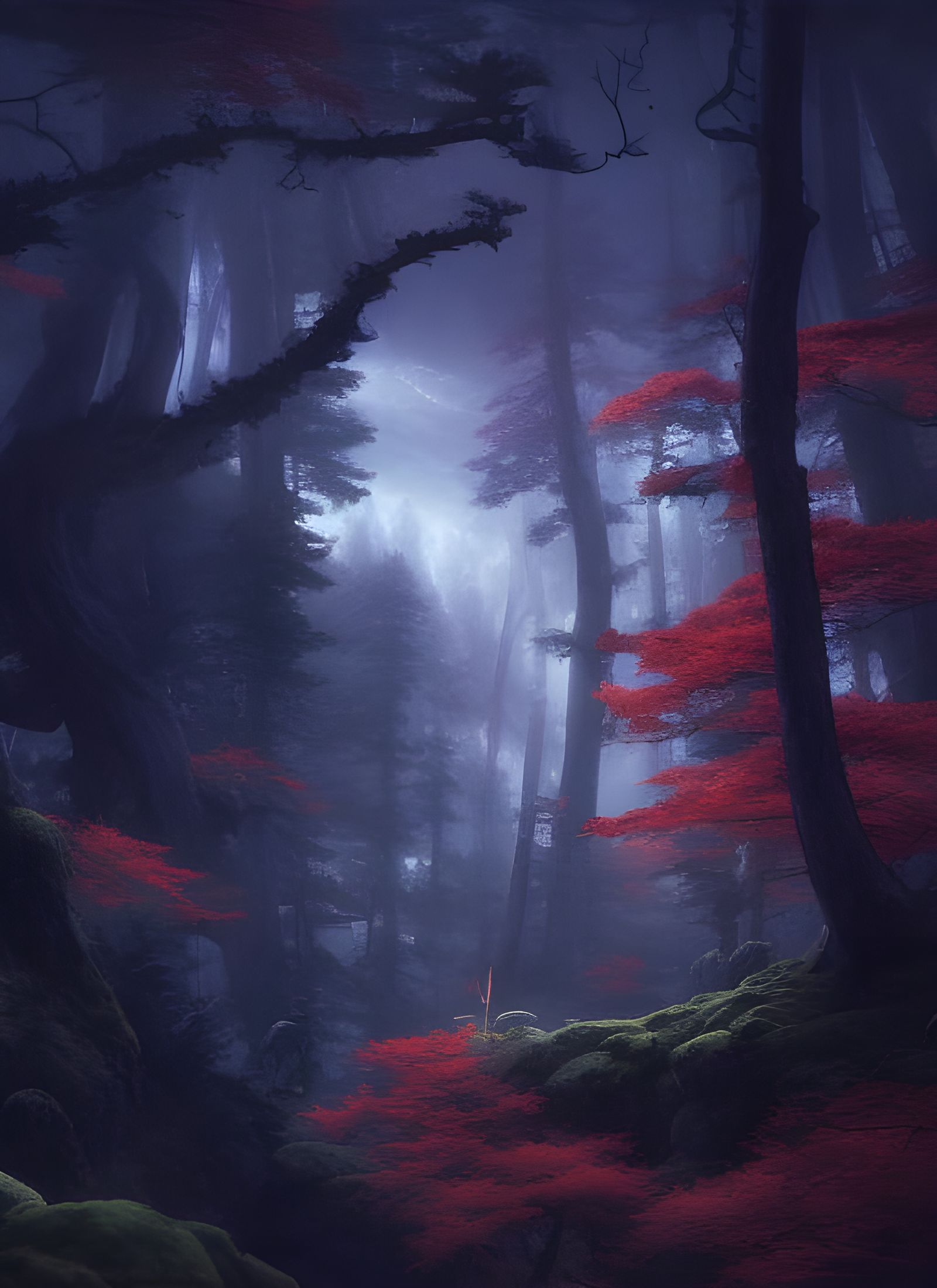 Magical Japanese Mountain Forest Landscape at Night