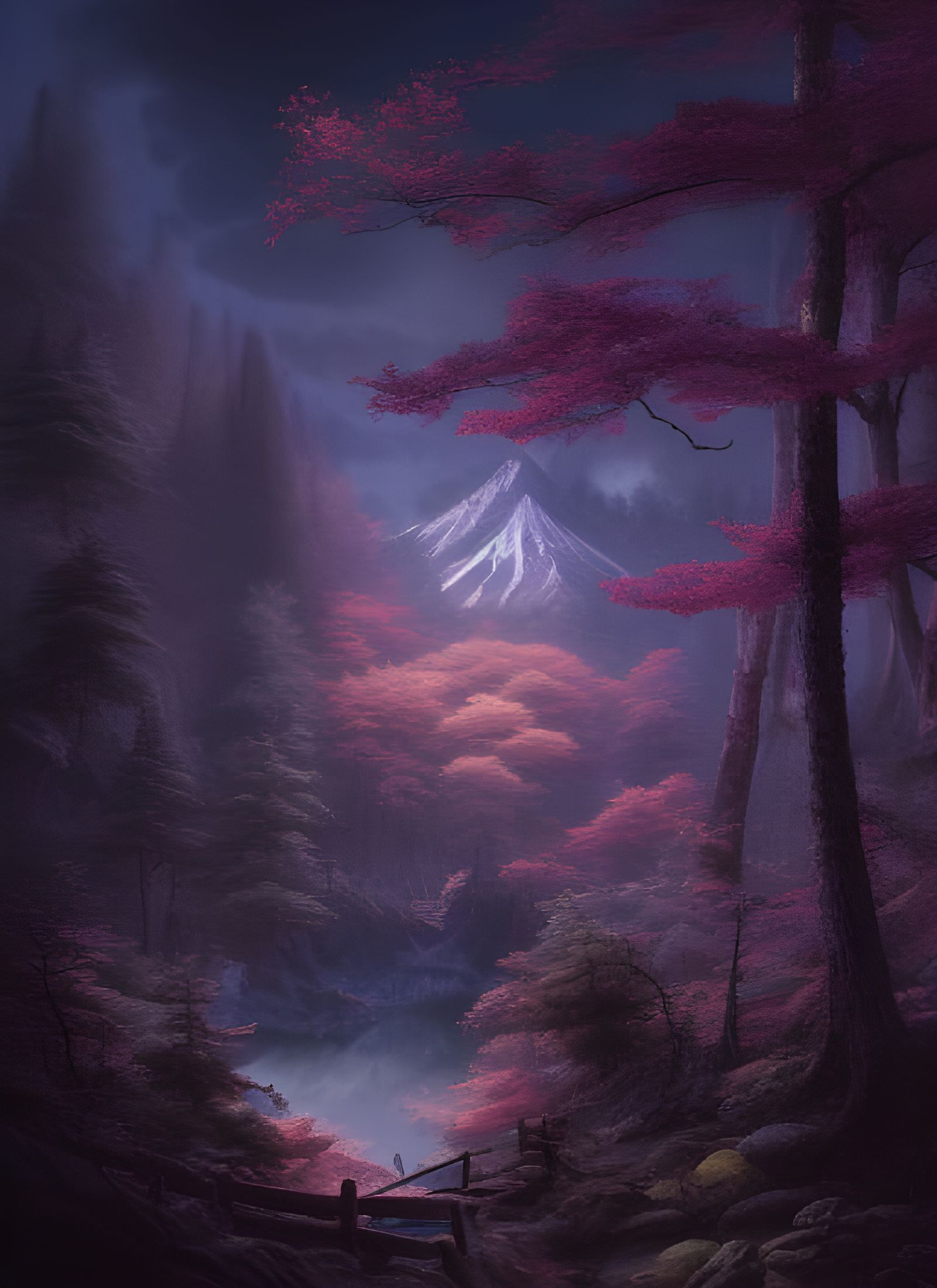 Magical Japanese Mountain Forest at Night in 8k