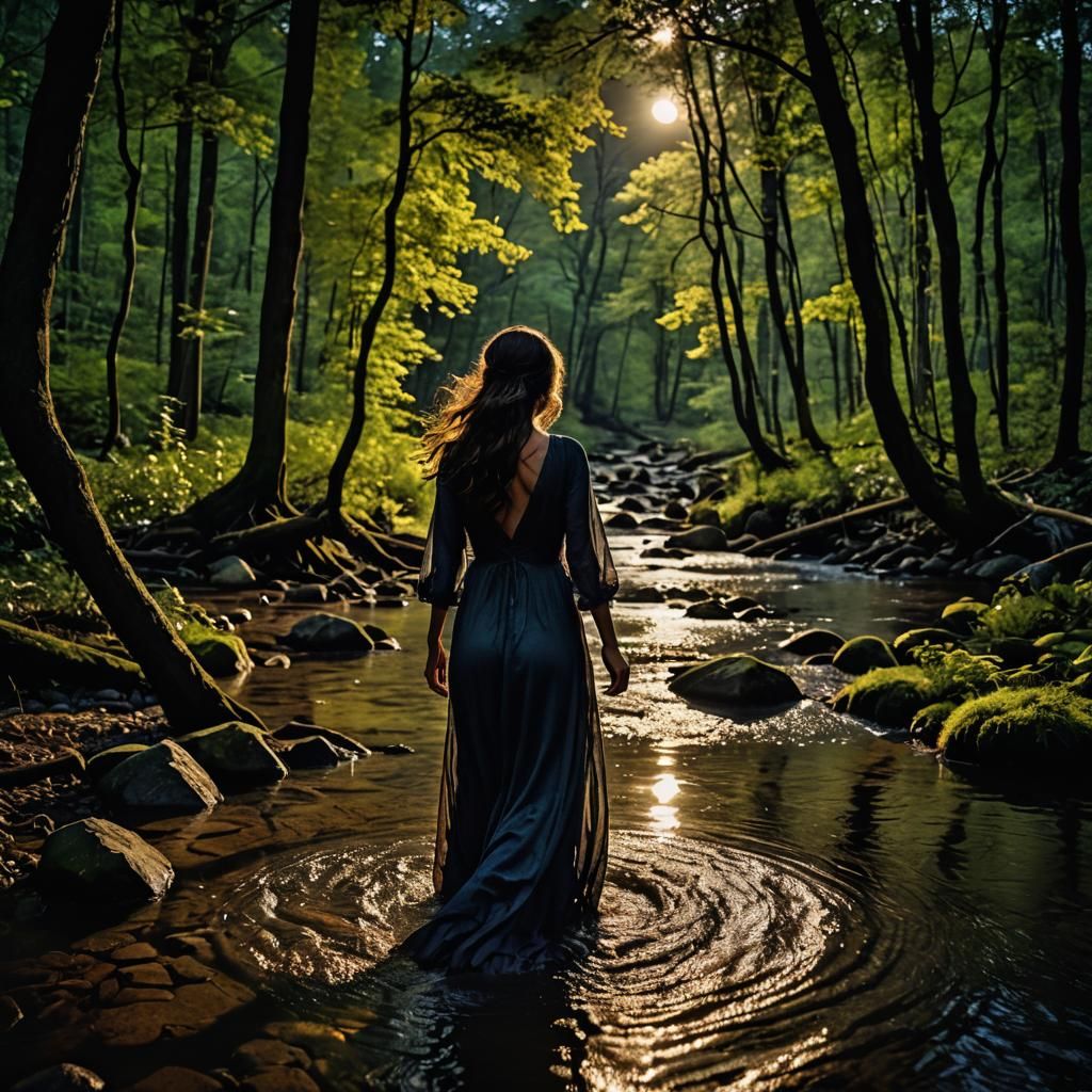 Serene Woman Silhouetted in Moonlit Forest Stream