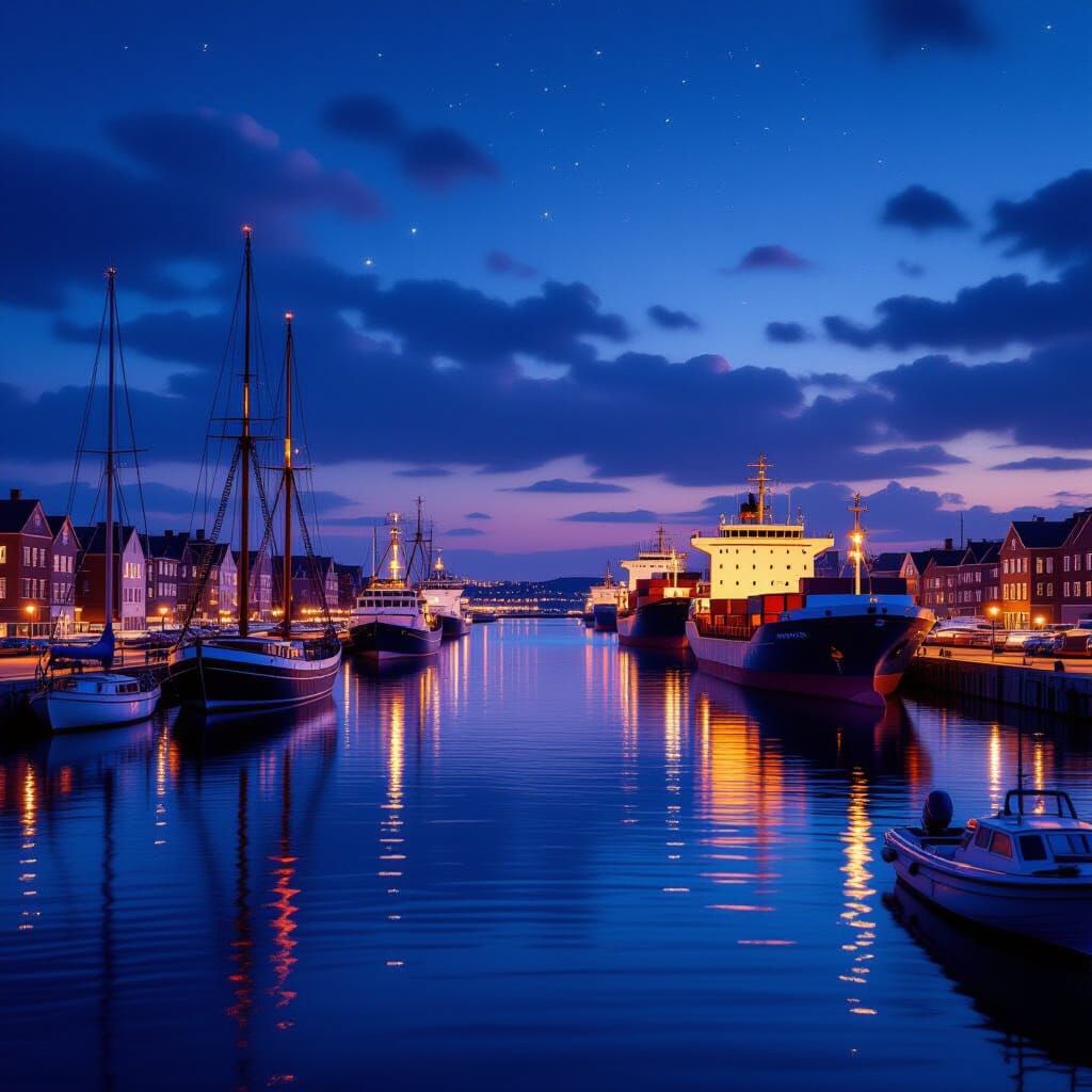 Bustling Harbor at Dusk with Sailboats and Ships