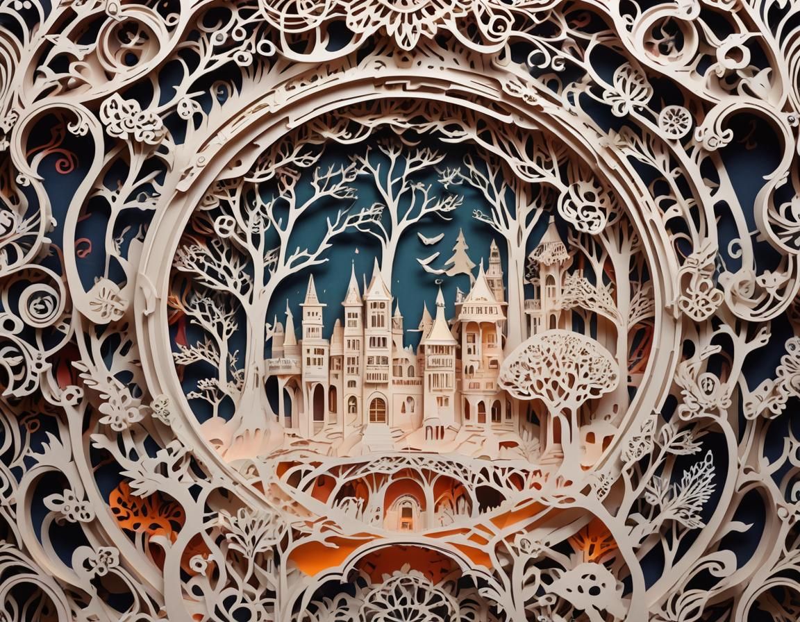 Intricate Kirigami Paper Cut Illustration in Fantasy Art Sty...