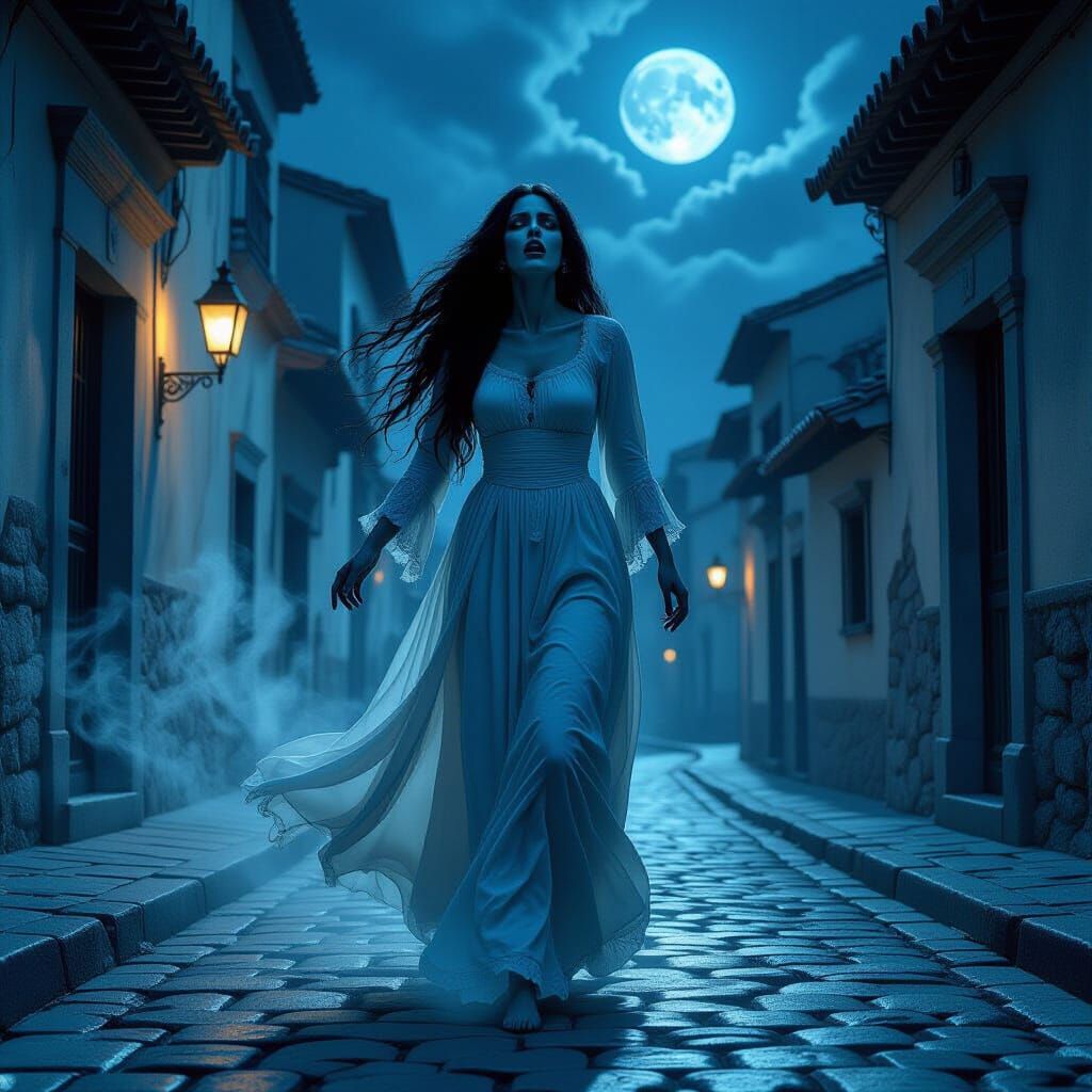Gothic La Llorona Screams in Moonlit Streets