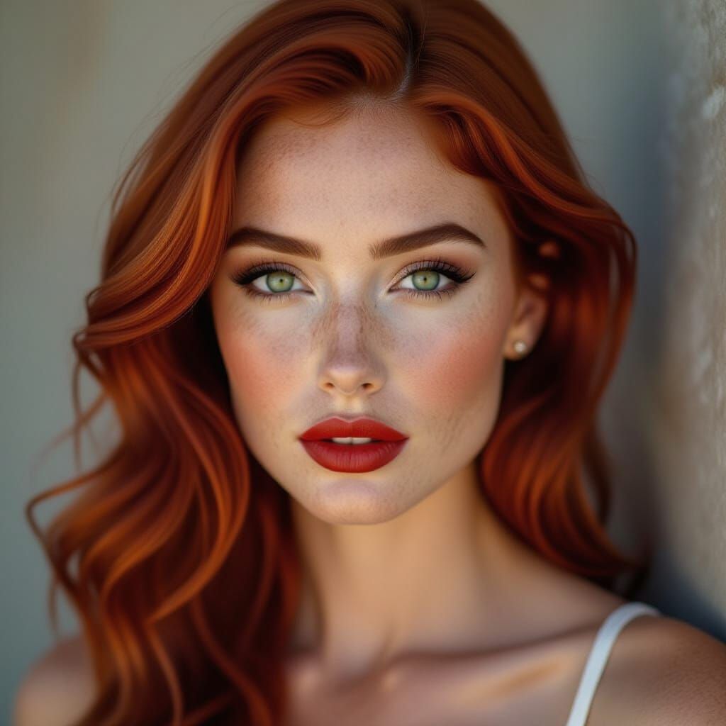 Dramatic Portrait of a Woman with Red Hair and Green Eyes