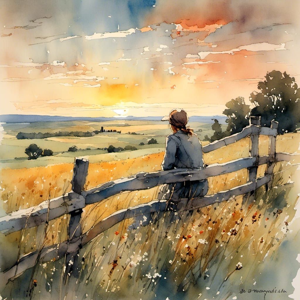 Sunset Field: Surreal Line and Wash Gouache Painting